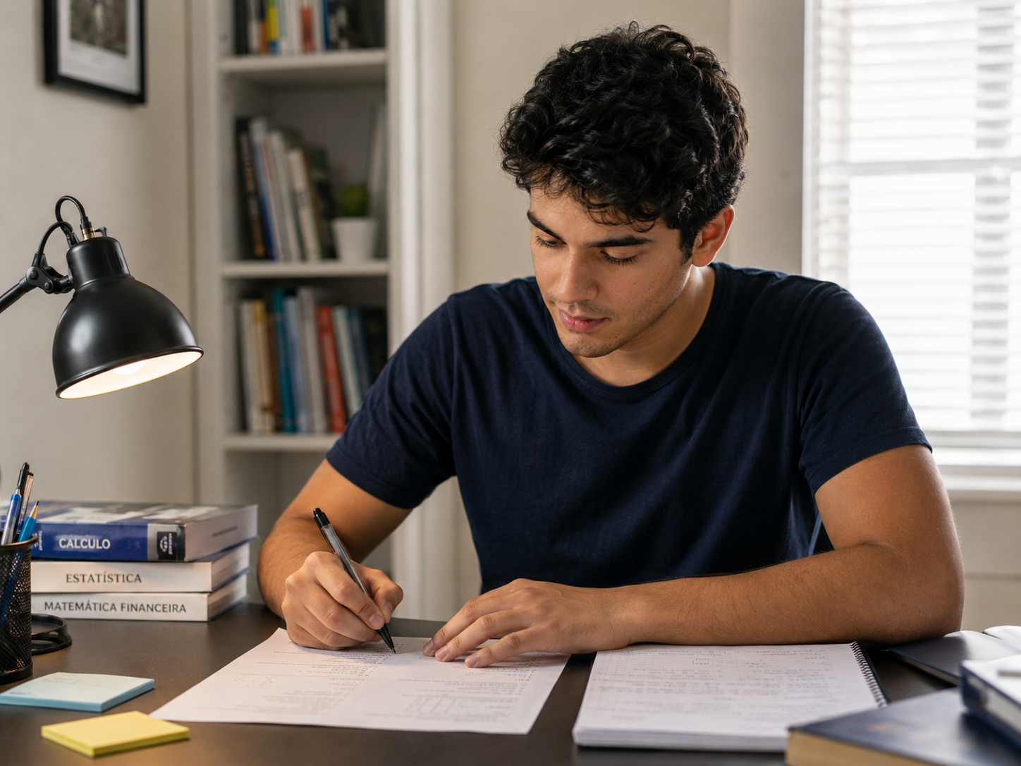 Estudante concentrado analisando exercícios na mesa de estudos